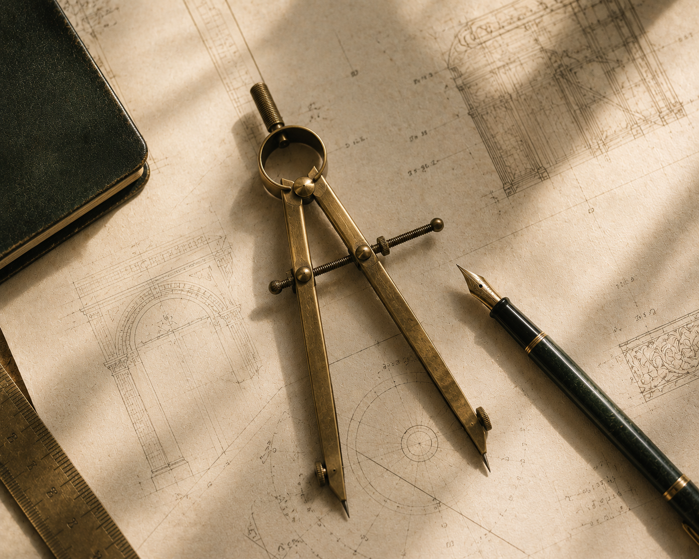 A brass drafting compass on architectural drawings, representing a bespoke portfolio mandate.