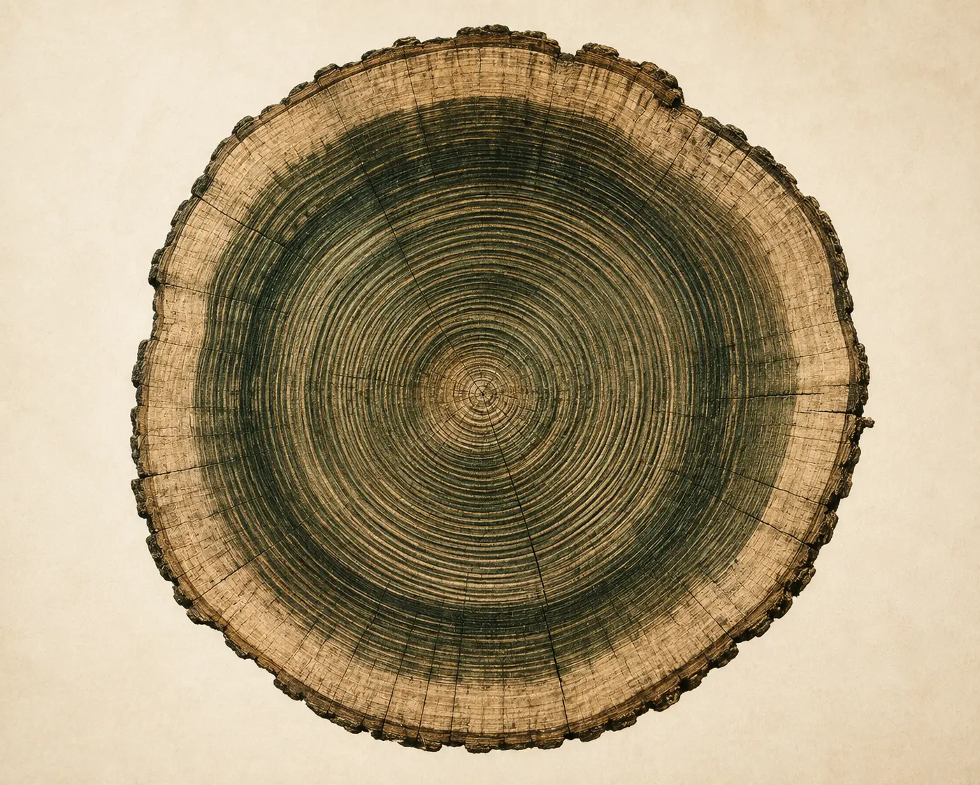 Concentric tree growth rings, representing wealth compounding across decades.